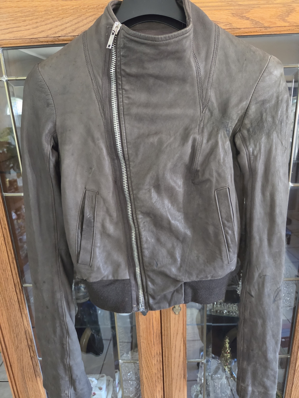 Rick Owens Dark Gray Leather Bomber Jacket with Asymmetrical Zip